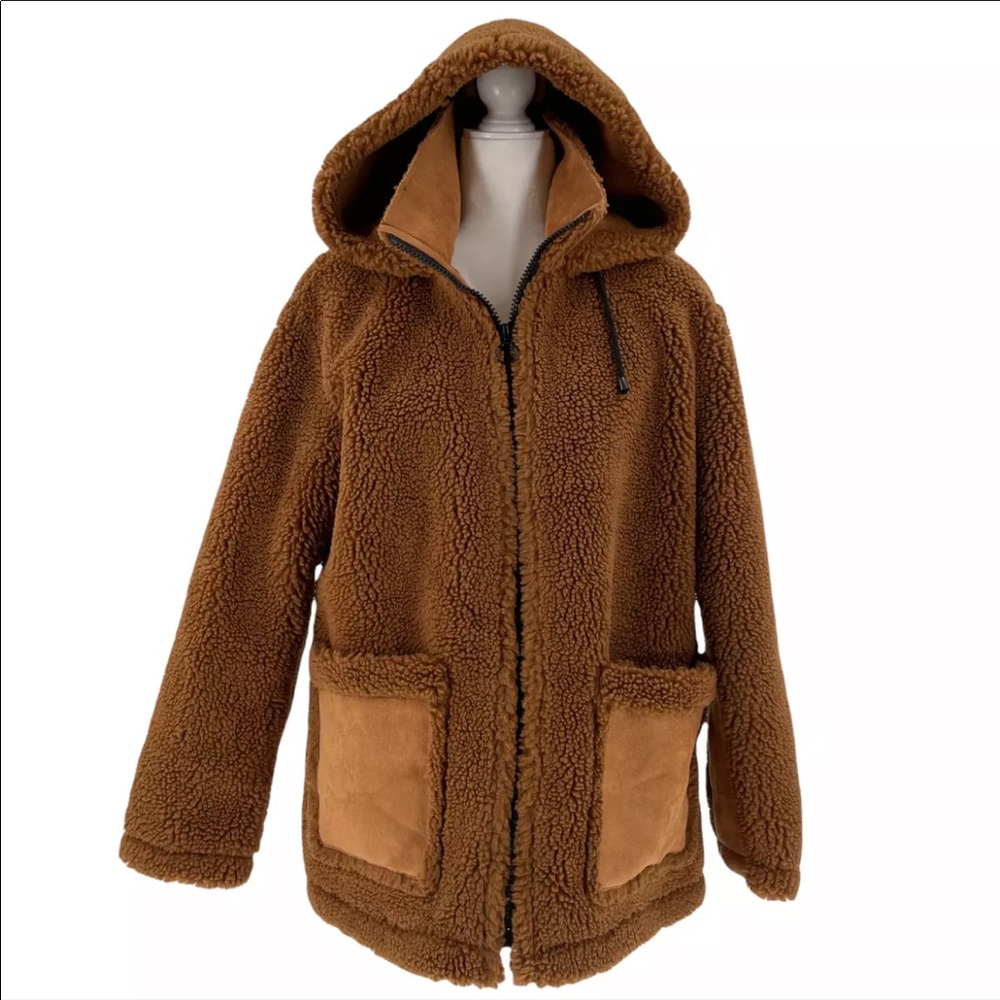 Topshop Vinnie Hooded Faux Shearling Jacket Brown Size US 4-6 Patch Pockets